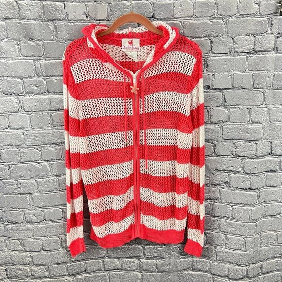 Quacker Factory Womens Plus 1X  Knit Swim Cover Up Stripe Hoodie Pink  White - Picture 1 of 6